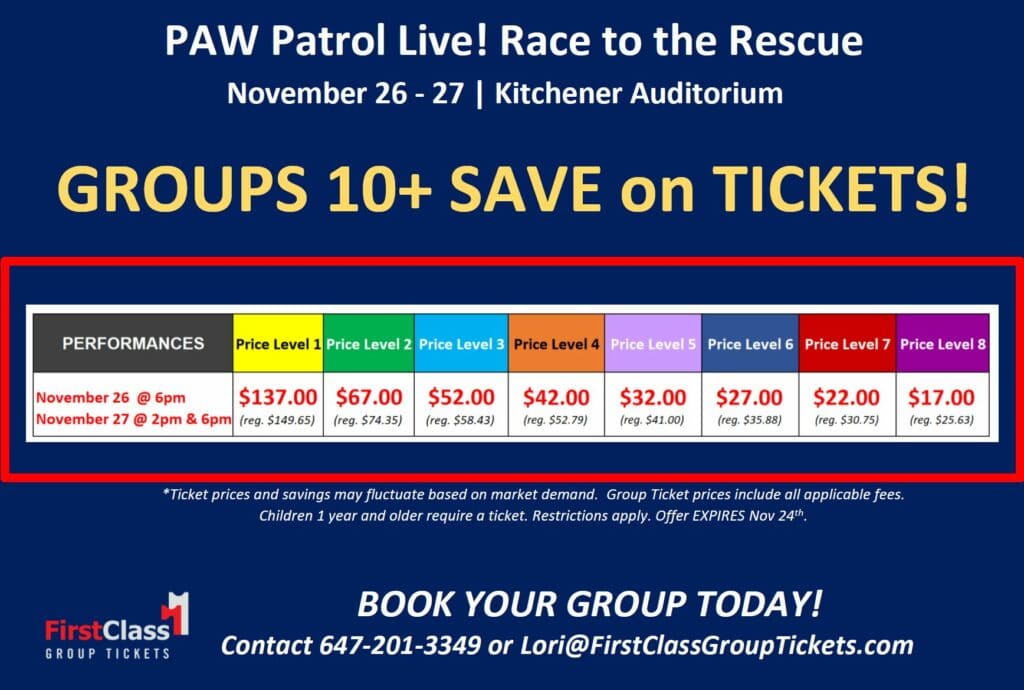 Group discount pricing matrix for PAW Patrol Live! Race to the Rescue at Kitchener Memorial Auditorium Nov 26-Nov 27, 2019