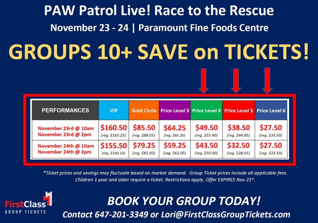 Group discount pricing matrix for PAW Patrol Live! Race to the Rescue at Mississauga Paramount Fine Foods Centre Nov 23-Nov 24, 2019