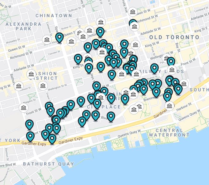 Public art locations in downtown Toronto courtesy of the DTBIA