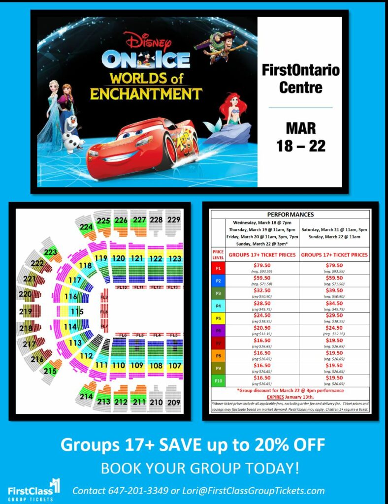 Ticket and seating chart for Disney On Ice Worlds of Enchantment at the FirstOntario Centre Hamilton March 19-22, 2020