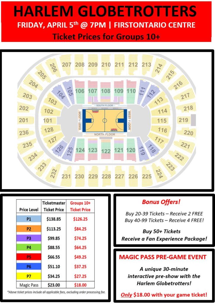 Pricing and seating chart for Harlem Globetrotter discount tickets at the FirstOntario Centre Hamilton April 5, 2019