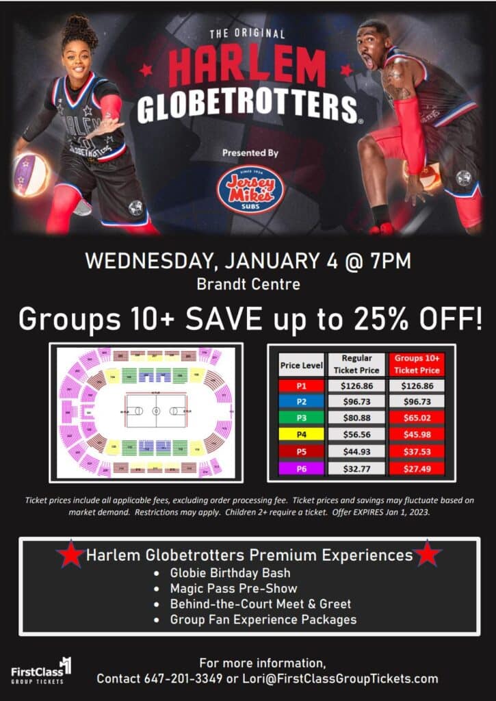 Harlem Globetrotters tickets and pricing for Regina Brandt Centre January 4 2023