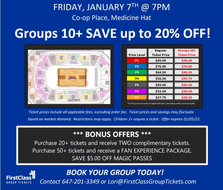 Harlem Globetrotters Ticket and Pricing Chart at the Co-Op Place Medicine Hat January 7, 2022 at 7:00 pm
