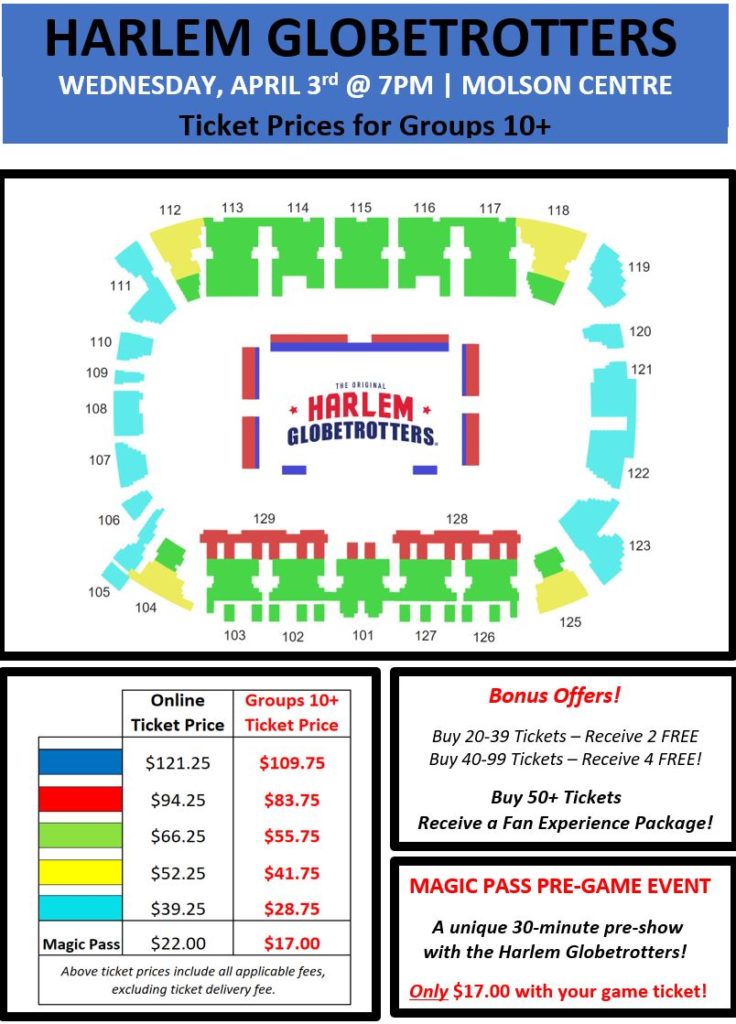Pricing and seating chart for Harlem Globetrotter discount tickets at the Molson Centre Barrie April 3, 2019