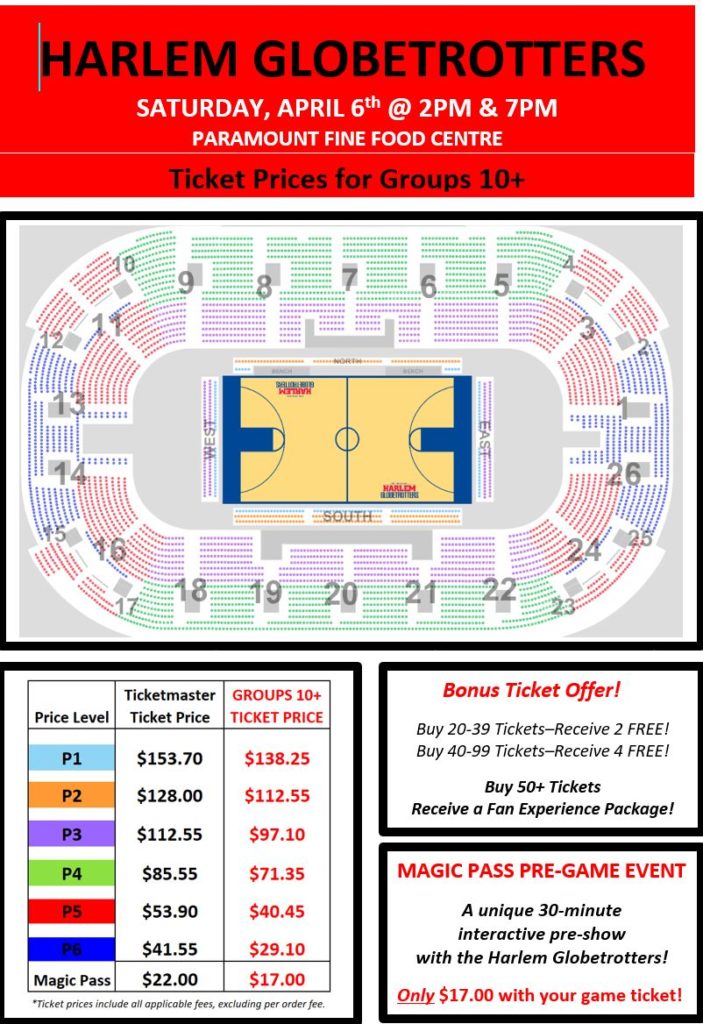 Pricing and seating chart for Harlem Globetrotter discount tickets at the Paramount Fine Foods Centre Mississauga April 6, 2019