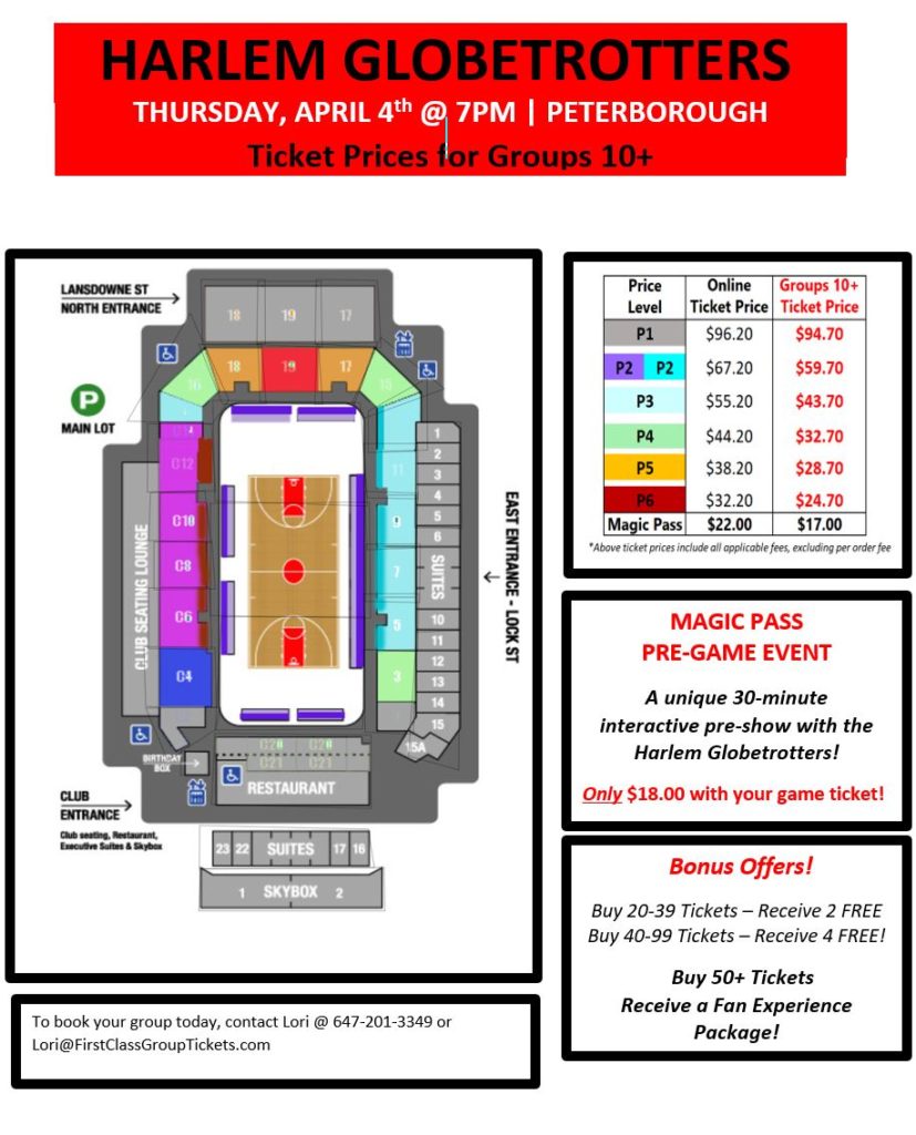Pricing and seating chart for Harlem Globetrotter discount tickets at the Peterborough Memorial Centre April 4, 2019
