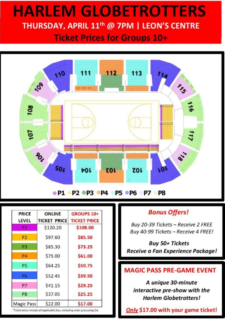 Pricing and seating chart for Harlem Globetrotters discount and group tickets at the Leon's Centre Kingston April 11, 2019 @ 7:00 pm.