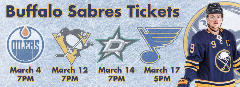Offer of Discount tickets for Buffalo Sabres NHL Team against Edmonton Oilers, Dallas Stars, St. Louis Blues and Pittsburgh Penguins March 2019