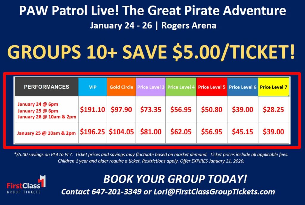 Ticket pricing and show times for PAW Patrol Great Pirate Adventure Rogers Arena Vancouver January 24 to 26 2020